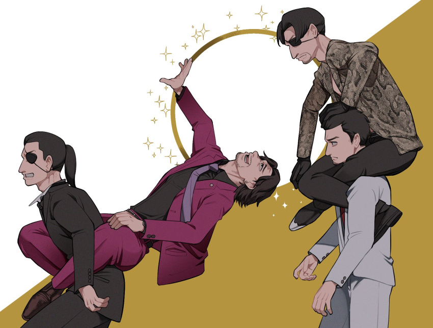 4boys black_hair black_jacket black_pants brown_footwear circle clenched_teeth english_commentary enokido grey_jacket grey_pants highres jacket kiryuu_kazuma majima_gorou multiple_boys necktie nishitani_homare older pants ponytail purple_necktie red_jacket red_shirt ryuu_ga_gotoku ryuu_ga_gotoku_0 ryuu_ga_gotoku_1 ryuu_ga_gotoku_kiwami shirt shoes sitting sitting_on_person socks sparkle teeth timeskip yakuza younger