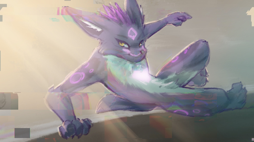 anthro canid canine escape fox fur glitch hi_res jumping male mammal markings parkour purple_body purple_fur solo stampmats tattoo yellow_eyes