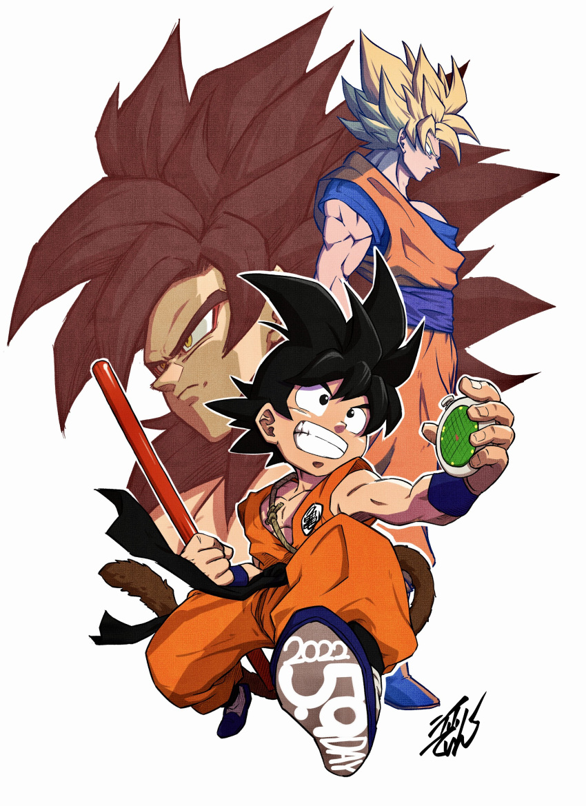 1boy absurdres black_footwear blue_shirt body_fur dougi dragon_ball dragon_ball_(classic) dragon_ball_gt dragon_ball_z highres liedein monkey_boy monkey_tail multiple_persona muscular muscular_male open_mouth pants red_fur saiyan shirt solo son_goku spiked_hair super_saiyan super_saiyan_1 super_saiyan_4 tail wristband