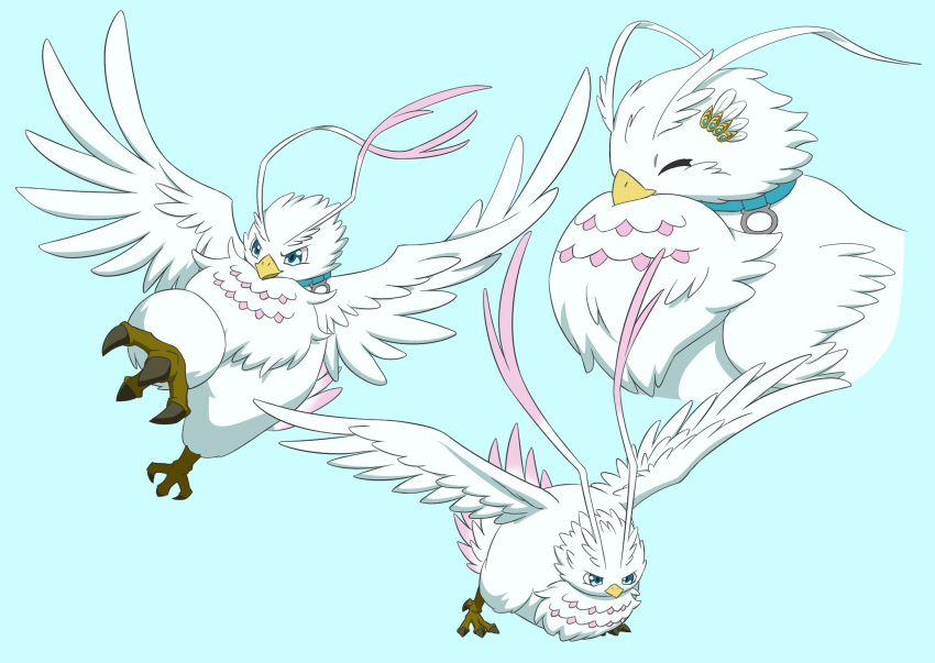 accessory avian beak birdkey52134 blue_eyes collar feathers female filo_(the_rising_of_the_shield_hero) filolial filolial_queen hair_accessory hi_res pink_body pink_feathers simple_background the_rising_of_the_shield_hero white_body white_feathers
