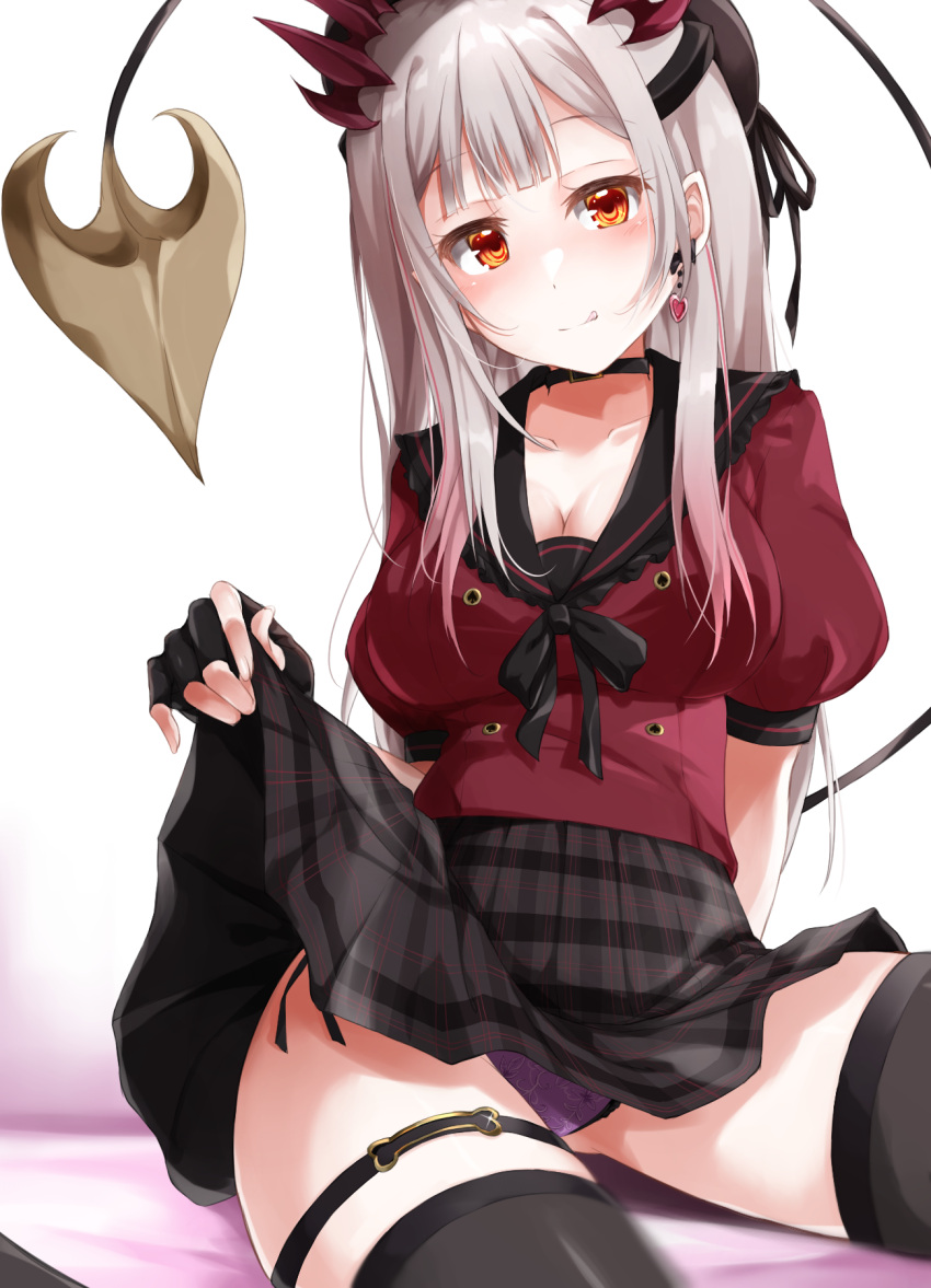 1girl :q bangs beret black_gloves black_legwear black_ribbon black_skirt blunt_bangs blush breasts choker cleavage clothes_lift collarbone cowboy_shot demon_girl demon_horns demon_tail earrings eyebrows_visible_through_hair fingerless_gloves frills fuyuno_taka gloves gradient_hair grey_hair hat hat_ribbon heart heart_earrings highres honey_strap horns jewelry large_breasts leg_strap licking_lips lifted_by_self light_blush long_hair looking_at_viewer multicolored_hair naughty_face official_alternate_costume orange_eyes panties pink_hair pleated_skirt pointy_ears puffy_short_sleeves puffy_sleeves purple_panties ribbon shiny shiny_hair shiny_skin short_sleeves sidelocks sitting skirt skirt_lift solo streaked_hair suou_patra tail thigh_strap thighhighs tongue tongue_out underwear virtual_youtuber