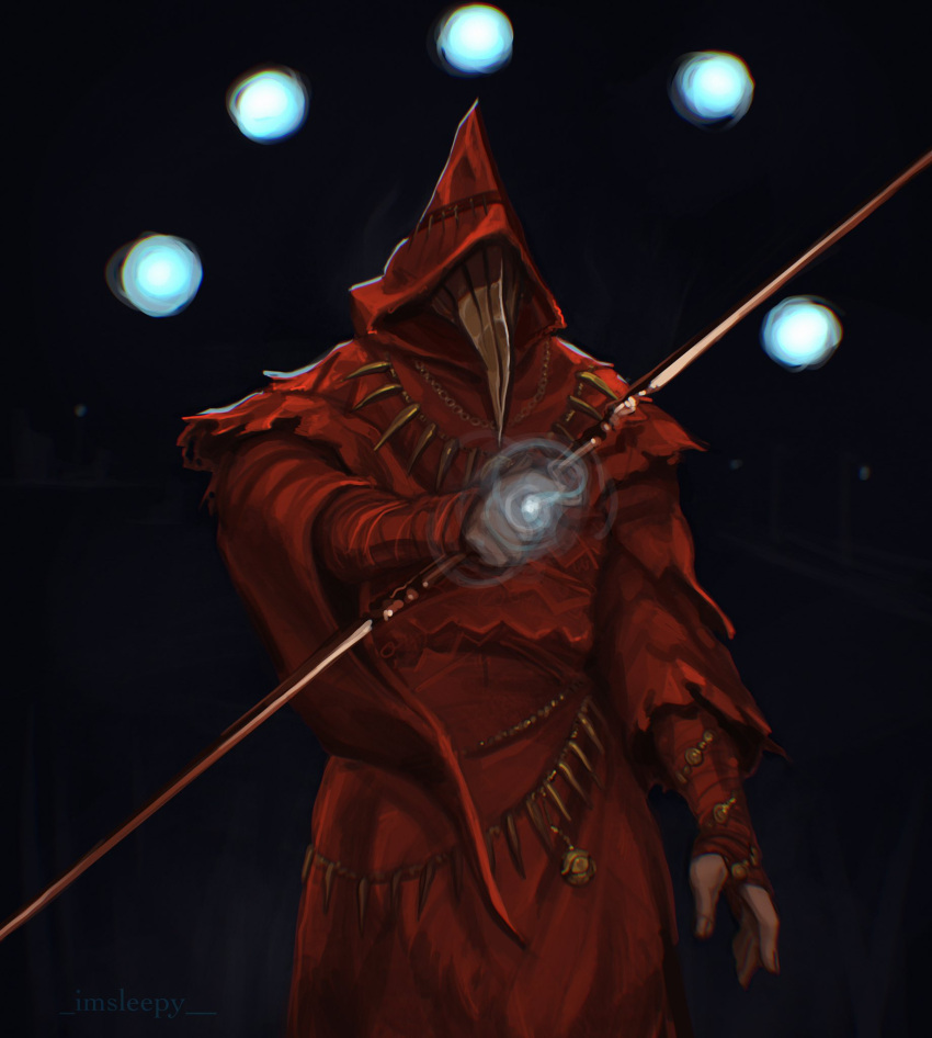 1boy dark_souls_(series) dark_souls_i fingerless_gloves gloves highres holding holding_weapon hood hood_up ingward_(dark_souls) jewelry magic male_focus plague_doctor_mask red_robe ring sleepysolaire solo standing twin_blades weapon