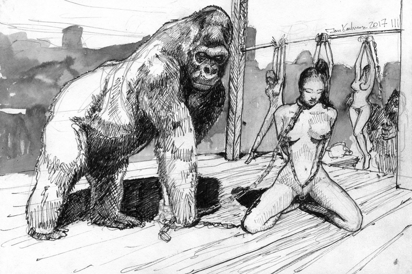 2017 ambiguous_gender ape breasts chain collar eyes_closed female feral gorilla group haplorhine holding_leash holding_object human jandraws kneeling leash mammal monochrome nipple_chain nipple_piercing nipples nude piercing primate signature slave_market