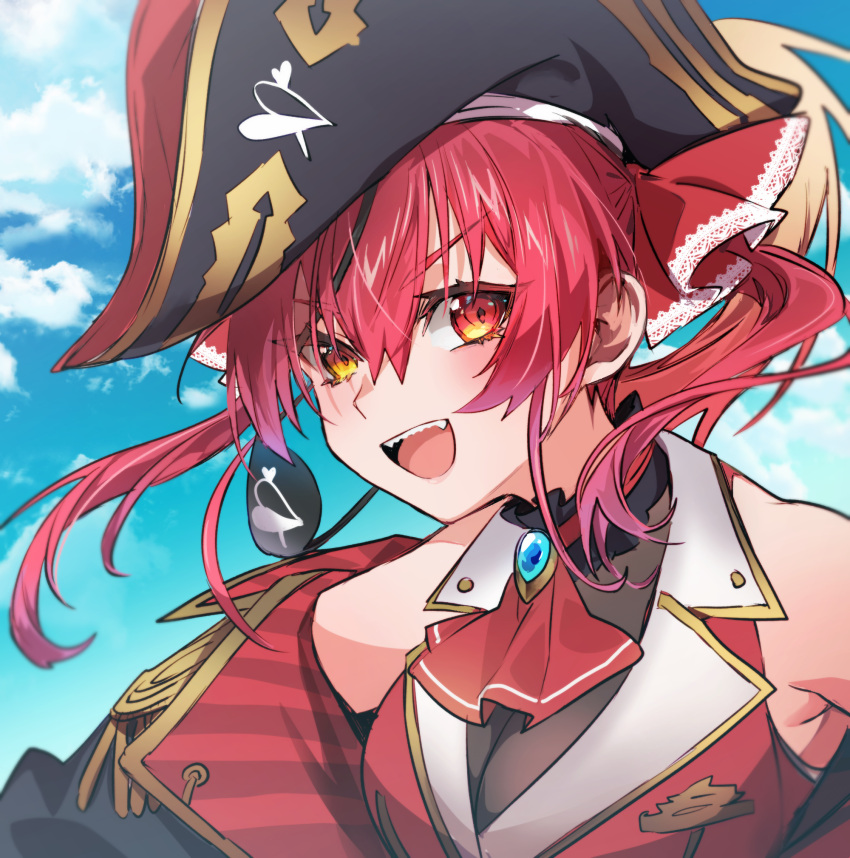 1girl :d ascot bangs black_headwear black_jacket blue_sky breasts cleavage cloud eyepatch eyepatch_removed hair_between_eyes hair_ribbon hat heterochromia highres hololive houshou_marine jacket kairi_(kai_ri) long_hair looking_at_viewer off_shoulder pirate_hat red_ascot red_eyes red_hair red_jacket red_ribbon ribbon sky sleeveless sleeveless_jacket smile solo teeth twintails upper_body upper_teeth virtual_youtuber yellow_eyes