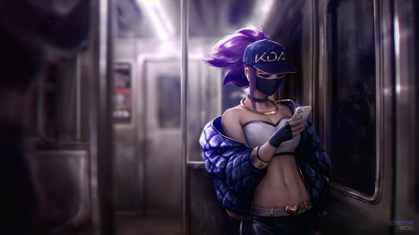 1girl akali baseball_cap black_choker black_gloves black_mask blue_jacket blurry blurry_background breasts buckle cellphone cheesewoo choker crop_top fingerless_gloves gloves gold hand_up hat heart heart-shaped_buckle highres holding holding_phone jacket jewelry k/da_(league_of_legends) k/da_akali league_of_legends long_hair looking_at_phone looking_down mask midriff mouth_mask navel neck_ring off_shoulder official_alternate_costume phone ponytail print_headwear purple_hair shirt sidelocks single_bare_shoulder small_breasts smartphone solo stomach strapless train_interior upper_body white_shirt