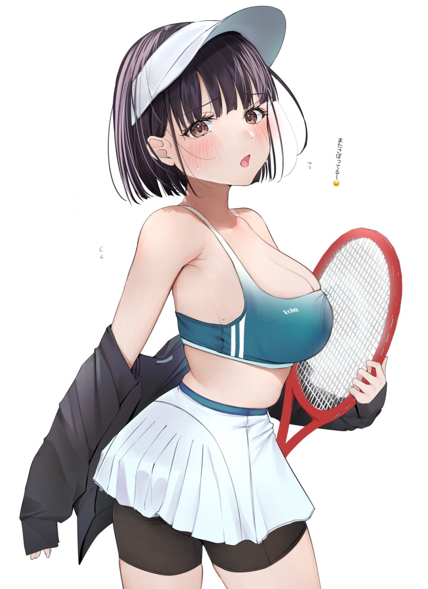 1girl bangs bare_shoulders bike_shorts black_hair blush breasts brown_eyes cleavage commentary_request eyebrows_visible_through_hair highres holding jacket large_breasts looking_at_viewer midriff mole mole_on_body navel off_shoulder open_clothes open_jacket open_mouth original racket short_hair simple_background skirt sleeveless sleeves_past_wrists solo stomach sweat sweatdrop tank_top tennis_racket uiri-na visor_cap white_background