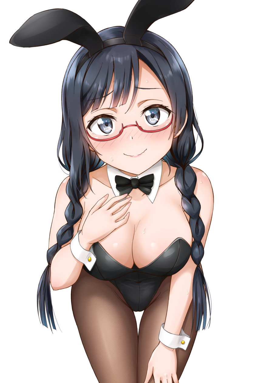 1girl animal_ears bangs black_hair blush braid breasts ckst cleavage collarbone commentary eyebrows_visible_through_hair glasses grey_eyes highres large_breasts long_hair looking_at_viewer love_live! love_live!_nijigasaki_high_school_idol_club nakagawa_nana pantyhose playboy_bunny rabbit_ears red-framed_eyewear revision semi-rimless_eyewear sidelocks simple_background smile solo twin_braids under-rim_eyewear white_background yuuki_setsuna_(love_live!)