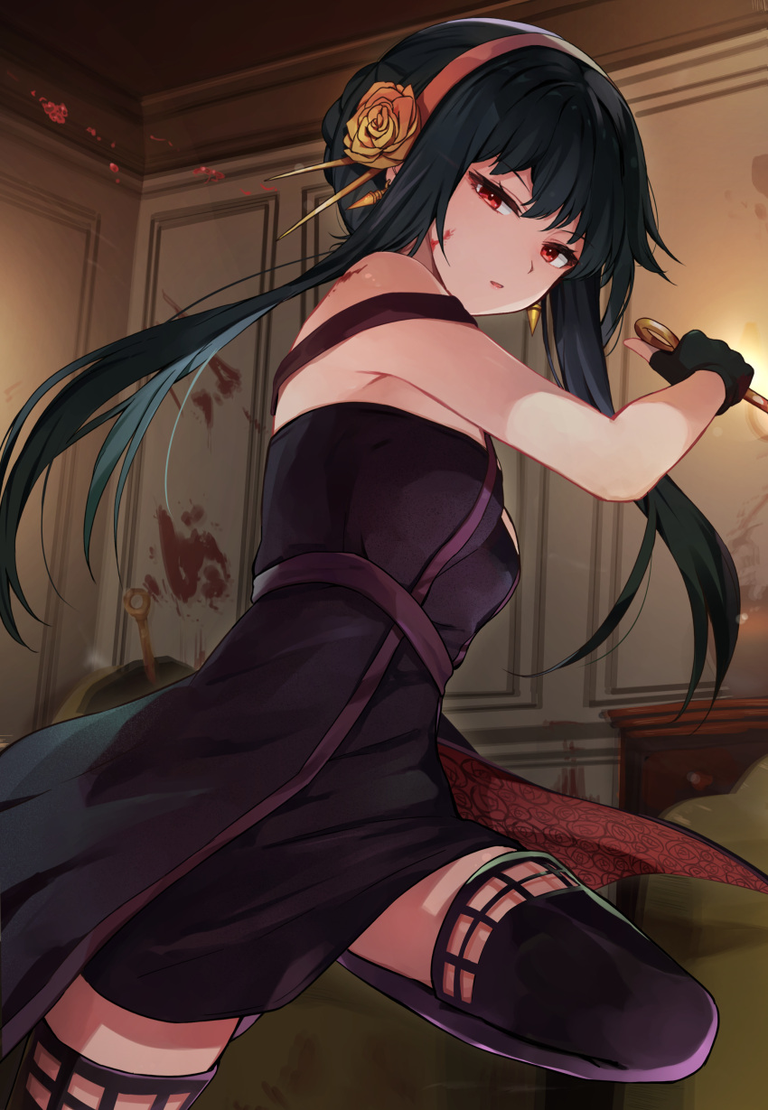 1girl absurdres attack bangs black_dress black_gloves black_hair blood blood_on_face blood_on_wall breasts dagger dress earrings fingerless_gloves floating_hair floral_print flower gloves gold_earrings gold_hairband hair_flower hair_ornament hand_up highres holding holding_dagger holding_weapon jewelry knife leg_up long_hair looking_at_viewer medium_breasts racchi. red_eyes rose rose_print sidelocks solo spikes spy_x_family thighhighs two-sided_dress two-sided_fabric weapon yor_briar zettai_ryouiki