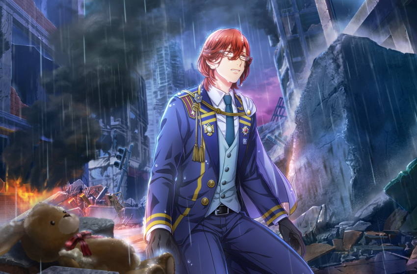 1boy belt bespectacled black_belt black_gloves blue_jacket blue_necktie blue_pants blue_vest brown_hair building buttons capelet collared_shirt crying crying_with_eyes_open feet_out_of_frame fire game_cg glasses gloves grey_eyes hair_between_eyes highres jacket kneeling kotobuki_reiji looking_afar male_focus medal medium_hair necktie official_art pants rain rubble ruins shirt shoulder_cape smoke solo stuffed_animal stuffed_toy tassel tears teddy_bear third-party_source traffic_light uta_no_prince-sama uta_no_prince-sama:_shining_live vest white_capelet white_shirt