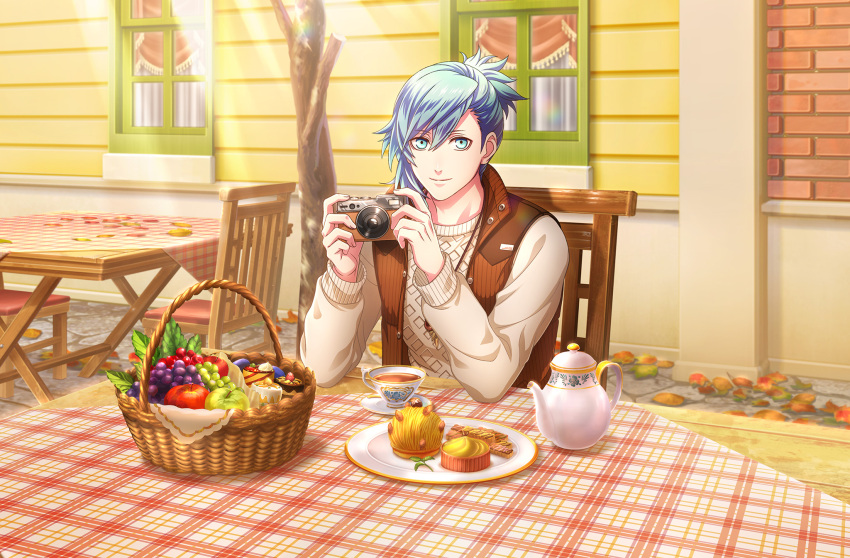 1boy apple asymmetrical_bangs autumn_leaves bangs basket blue_eyes blue_hair brick_wall brown_jacket cake camera chair cherry cobblestone cookie cup elbows_on_table food fruit garnish grapes high_ponytail highres holding holding_camera jacket jewelry looking_at_viewer male_focus mikaze_ai mont_blanc_(food) official_art outdoors pendant plate pov_across_table short_ponytail sitting sleeveless sleeveless_jacket smile solo sunlight sweater tablecloth tea teacup teapot third-party_source tree upper_body uta_no_prince-sama uta_no_prince-sama:_shining_live white_sweater window wooden_chair wooden_table