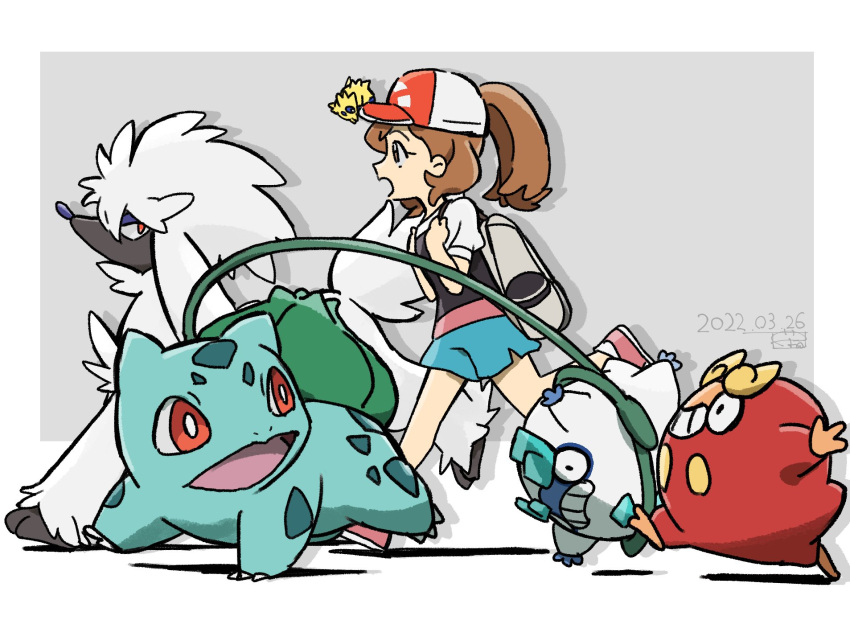 1girl backpack bag border brown_hair bulbasaur commentary_request darumaka dated elaine_(pokemon) from_side furfrou galarian_darumaka grey_background grey_bag hat high_ponytail highres joltik leg_up long_hair pink_footwear plant pokemon pokemon_(game) pokemon_lgpe shirt shoes short_sleeves shorts signature standing ueda_hanako vines white_border white_shirt