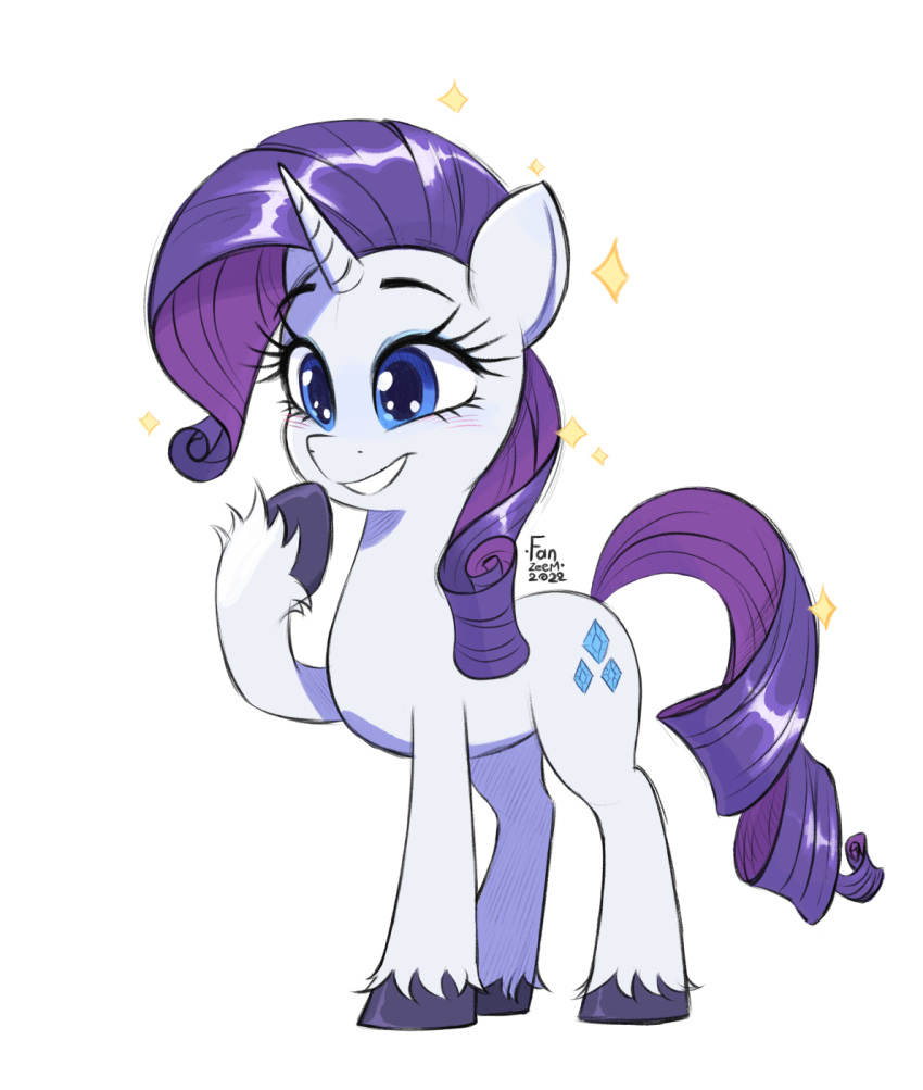 2022 blue_eyes cutie_mark equid equine fanzeem female feral friendship_is_magic fur hair hi_res hooves horn long_hair mammal my_little_pony purple_hair rarity_(mlp) signature simple_background smile solo sparkles unicorn white_background white_body white_fur