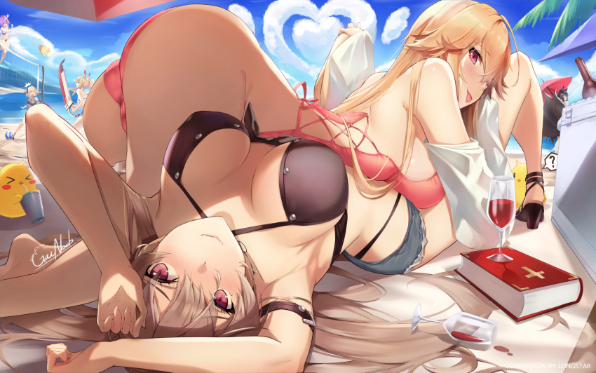 ? amagi_(azur_lane) anchor_earrings arm_strap ayanami_(azur_lane) azur_lane backless_swimsuit beach beach_volleyball bible bikini blonde_hair book brown_bikini cloud commission criss-cross_halter cup cutoff_jeans cutoffs drinking_glass earrings gainoob halterneck highleg highleg_bikini highleg_swimsuit javelin_(azur_lane) javelin_(beach_picnic!)_(azur_lane) jean_bart_(azur_lane) jean_bart_(private_apres_midi)_(azur_lane) jewelry light_brown_hair manjuu_(azur_lane) micro_shorts multiple_girls multiple_straps one-piece_swimsuit pink_swimsuit red_eyes richelieu_(azur_lane) richelieu_(fleuron_of_the_waves)_(azur_lane) shorts siblings side-tie_swimsuit sisters spoken_question_mark swimsuit wine_glass z23_(azur_lane) z23_(breezy_doubles)_(azur_lane)