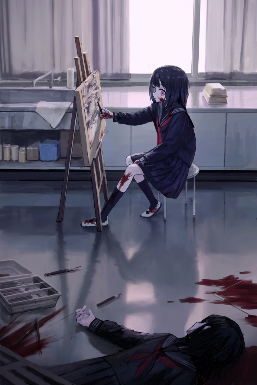 1girl absurdres black_hair black_legwear black_serafuku black_skirt blood blood_on_clothes blood_on_face blood_on_hands blood_splatter canvas_(object) commentary corpse death dilated_pupils drawing highres holding holding_pencil implied_murder indoors kneehighs neckerchief original pencil pink_eyes red_neckerchief reflective_floor sailor_collar sakiika0513 school_uniform serafuku shoes short_hair sink sitting skirt solo stool white_footwear window