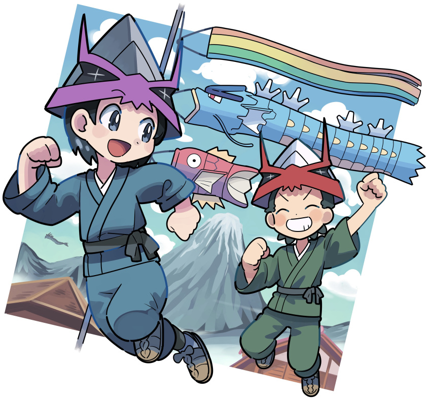 2boys :d absurdres arm_up black_hair blush_stickers border brown_footwear clenched_hands closed_eyes cloud commentary_request day golisopod grey_eyes grin gyarados highres koinobori magikarp male_focus mountain multiple_boys open_mouth outdoors pokemon running sash shoes short_hair sky smile sutokame teeth tongue white_border