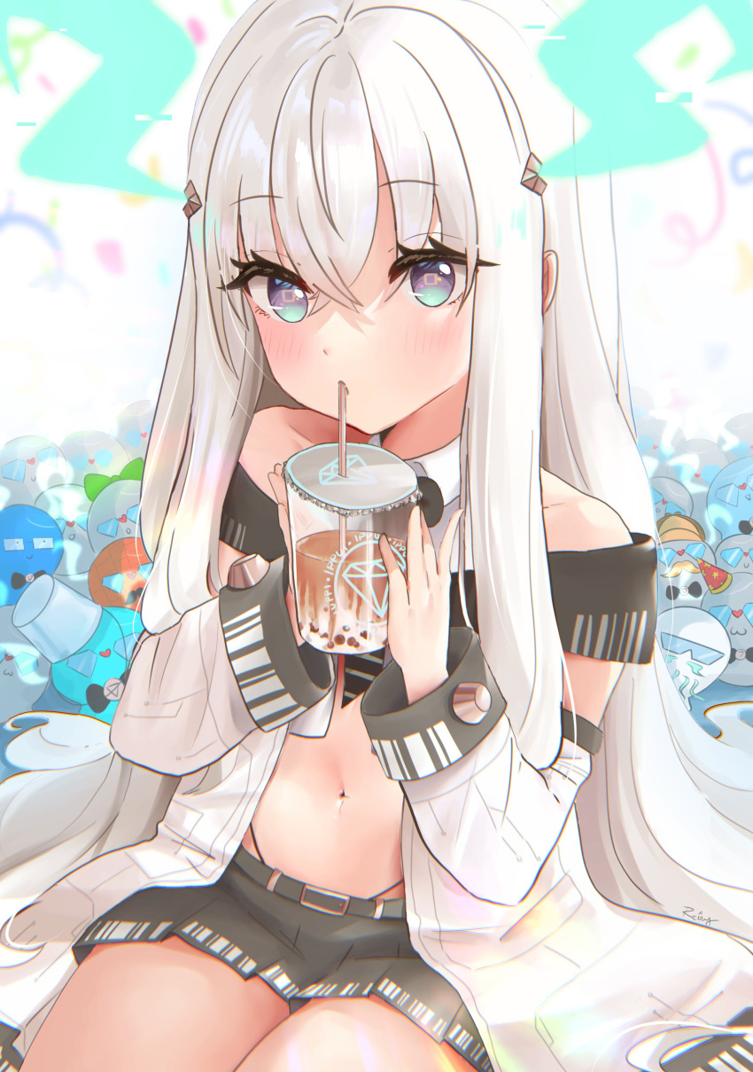 1girl absurdres aqua_eyes bare_shoulders bubble_tea commission cropped_shirt cup detached_sleeves disposable_cup dragon_girl drink drinking drinking_straw drinking_straw_in_mouth eyebrows_visible_through_hair gradient_eyes grey_hair highleg highleg_panties highres holding holding_drink holographic_horns ibuki_meno iced_tea long_hair microskirt midriff multicolored_eyes navel necktie otagon_(ibuki_meno) panties pleated_skirt prism_project purple_eyes reiny shirt skirt sleeveless sleeveless_jacket sleeveless_shirt solo_focus tea underwear virtual_youtuber