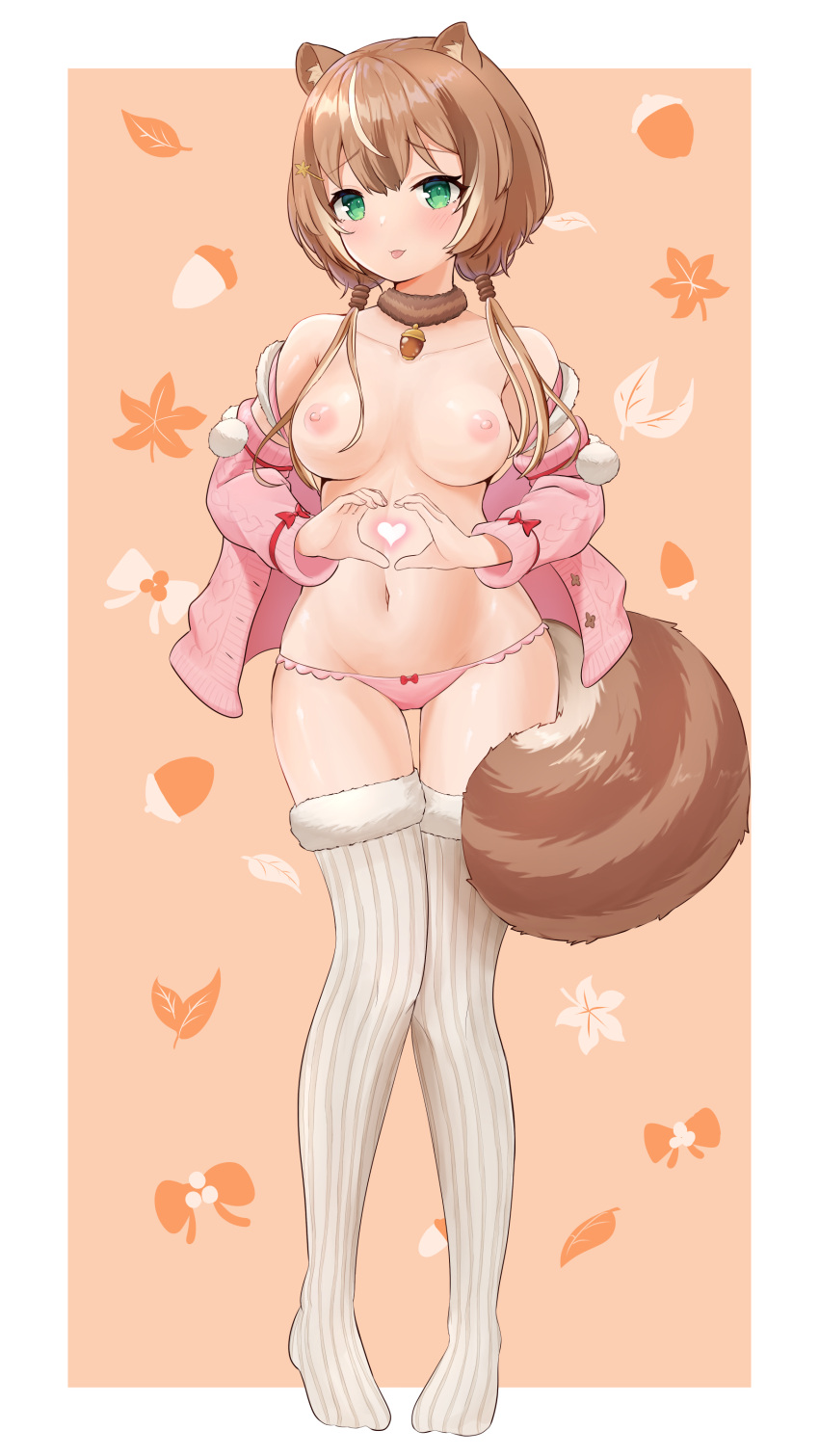 1girl :p absurdres animal_ears ayunda_risu bare_shoulders blush border bow bow_panties breasts brown_background brown_hair full_body fur-trimmed_legwear fur_collar fur_trim green_eyes hair_ornament hairclip heart heart_hands highres hololive hololive_indonesia jacket long_hair looking_at_viewer low_twintails medium_breasts navel nipples off_shoulder open_clothes open_jacket panties pigeon-toed pink_jacket pink_panties solo squirrel_ears squirrel_tail stomach tail telomere thigh_gap thighhighs tongue tongue_out topless twintails underwear white_border white_legwear