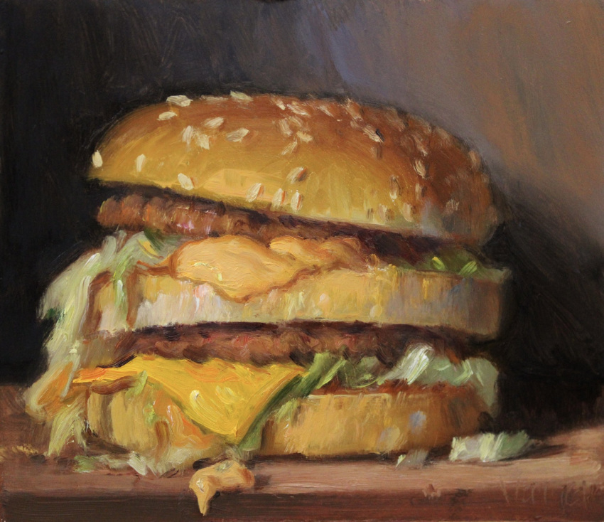 america big_mac burger cheese commentary double-decker_hamburger_bun double_bun english_commentary food food_focus highres lettuce mcdonald's meat no_humans noahverrier onion pickle sandwich sesame_seeds table traditional_media