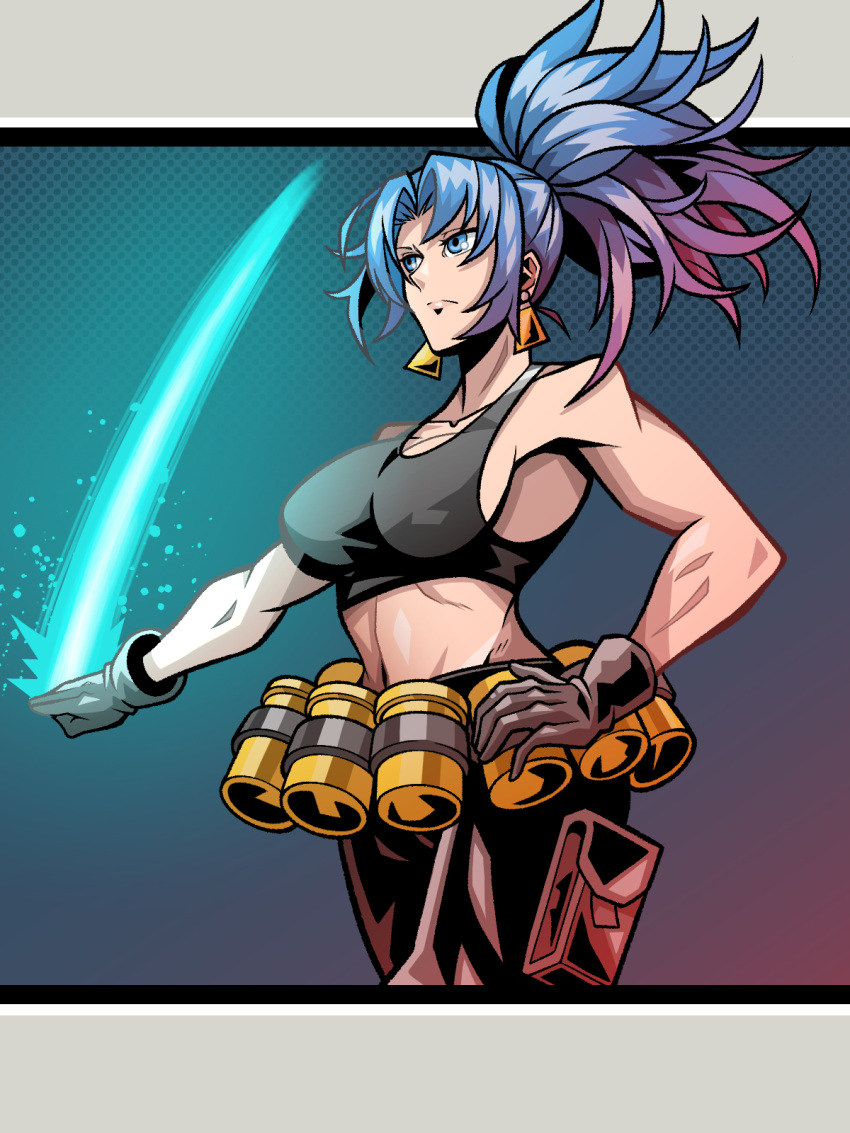 1girl ammunition_belt black_gloves black_tank_top blue_eyes blue_hair breasts clenched_hand earrings fighting_game gloves hand_on_hip highres jewelry leona_heidern navel pants ponytail pouch solo spiked_hair tank_top the_king_of_fighters the_king_of_fighters_xiii user_hhpf8775
