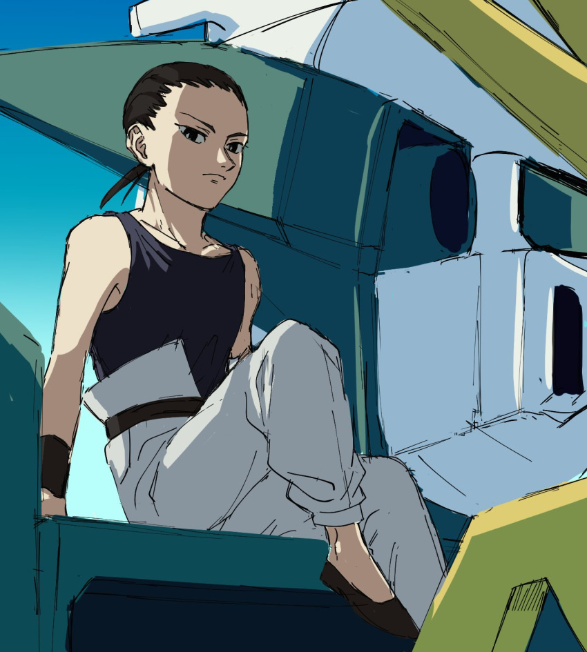 1boy altron_gundam black_eyes black_hair black_shirt chang_wufei full_body gundam gundam_wing highres male_focus pants shirt short_hair sitting sleeveless sleeveless_shirt slippers solo tank_top tommmmieee white_pants wristband