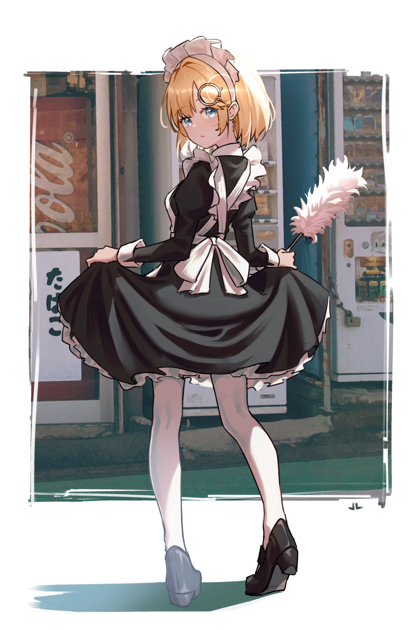 1girl absurdres alternate_costume apron bangs black_dress black_footwear blonde_hair blue_eyes closed_mouth dress duster enmaided eyebrows_visible_through_hair frilled_dress frills from_behind full_body hair_ornament highres holding holding_duster hololive hololive_english jl_tan juliet_sleeves long_sleeves looking_at_viewer looking_back maid maid_headdress monocle_hair_ornament outside_border pantyhose puffy_sleeves senjougahara_pose shoes short_hair skirt_hold solo standing virtual_youtuber watson_amelia white_apron white_legwear