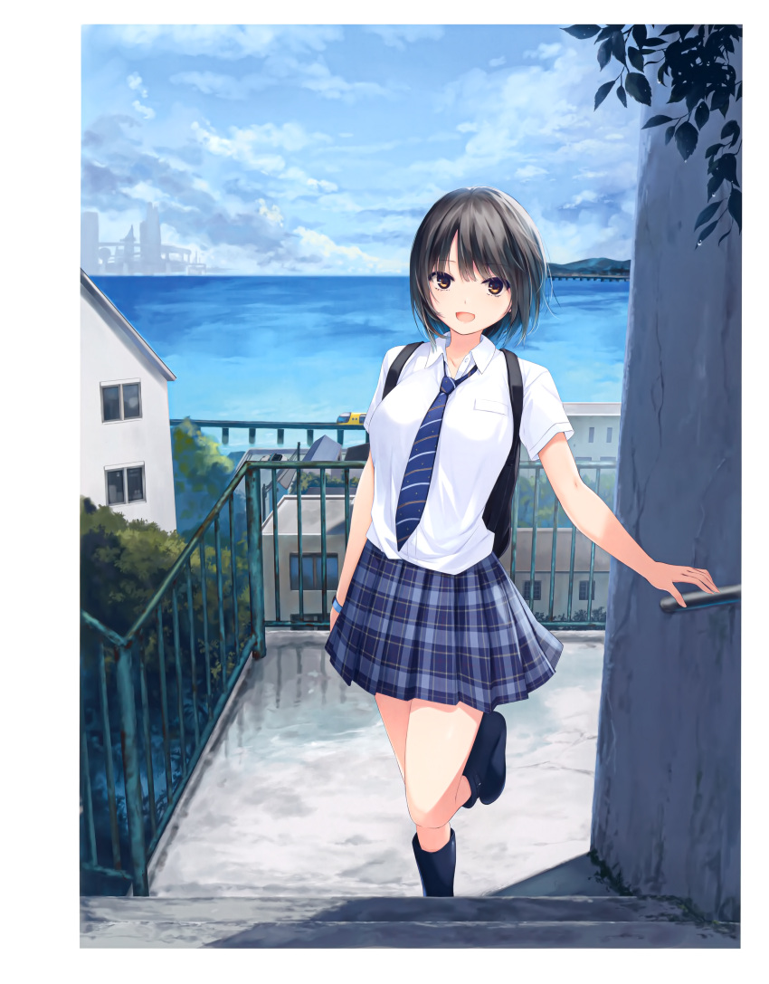 1girl absurdres aoyama_sumika backpack bag bangs black_hair blue_sky boots breast_pocket breasts brown_eyes cloud cloudy_sky coffee-kizoku day full_body highres leg_up looking_at_viewer medium_breasts necktie ocean open_mouth original pocket scan school_uniform shirt short_hair short_sleeves simple_background skirt sky smile solo stairs watch water wristwatch