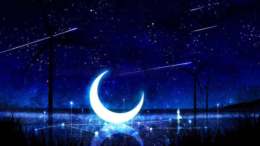 1girl animal_ears commentary crescent_moon dress glowing grass highres medium_hair moon night night_sky original outdoors rabbit_ears reflection reflective_floor rinneko_(rinne_paint) scenery silhouette sky solo star_(sky) star_(symbol) starry_sky wide_shot wind_turbine