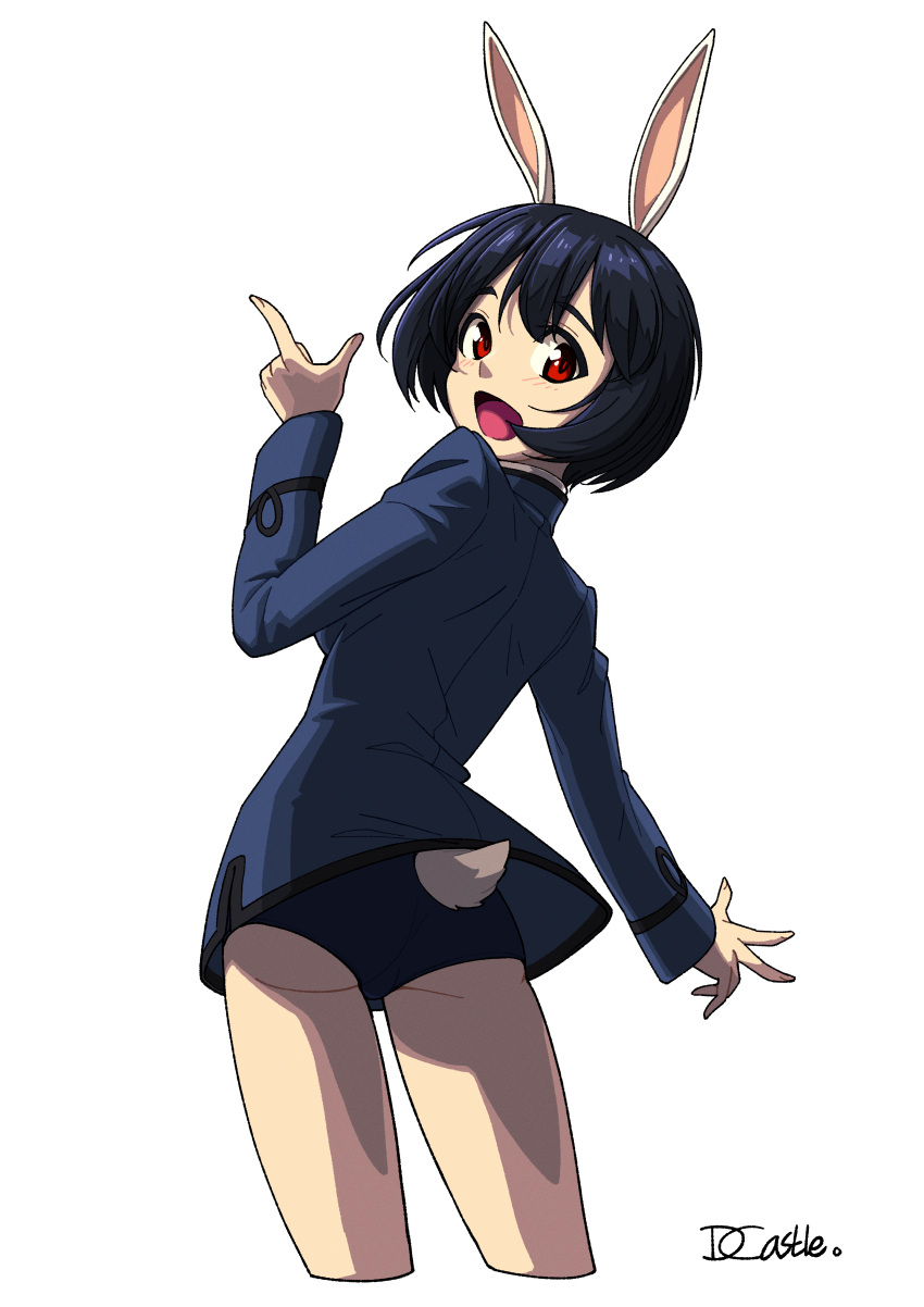 1girl absurdres animal_ears ass black_hair blue_swimsuit blush brave_witches breasts dragoncastle from_behind highres looking_at_viewer looking_back military military_uniform open_mouth rabbit_ears rabbit_tail red_eyes shimohara_sadako shiny shiny_hair short_hair signature simple_background small_breasts solo swimsuit tail uniform white_background world_witches_series