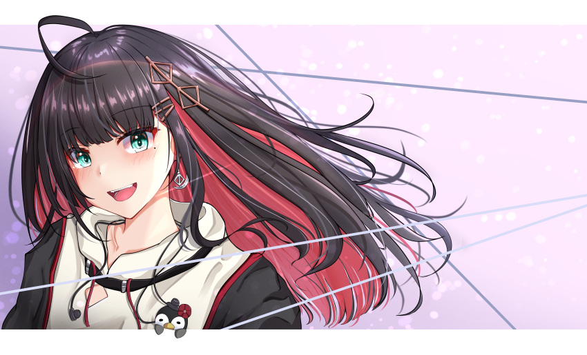 1girl absurdres ahoge bangs black_hair blush colored_inner_hair earrings eyebrows_visible_through_hair green_eyes hair_ornament hibika highres hizuki_yui jewelry letterboxed long_hair looking_at_viewer mole mole_under_eye multicolored_hair neo-porte open_mouth solo two-tone_hair upper_body