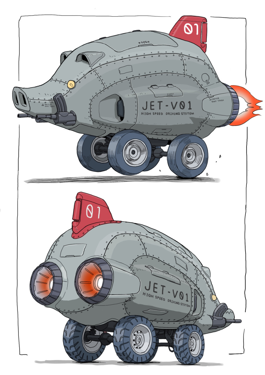 absurdres gatling_santouhei ground_vehicle gun highres jet_engine machine_gun mecha mechanization military military_vehicle motor_vehicle no_humans original pig robot science_fiction tank vehicle_focus weapon