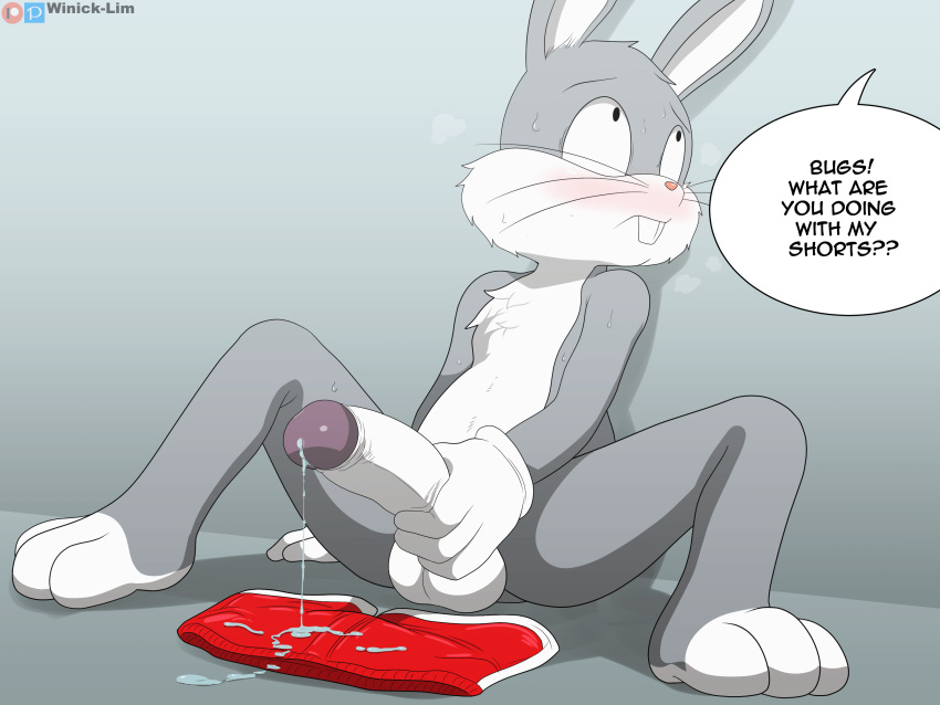 2022 absurd_res anthro balls bodily_fluids bugs_bunny clothing dialogue digital_media_(artwork) english_text eyebrows genital_fluids genitals gloves gloves_only handwear handwear_only hi_res humanoid_genitalia humanoid_penis lagomorph leporid looney_tunes male mammal mostly_nude penis rabbit solo speech_bubble spread_legs spreading text warner_brothers whiskers winick-lim