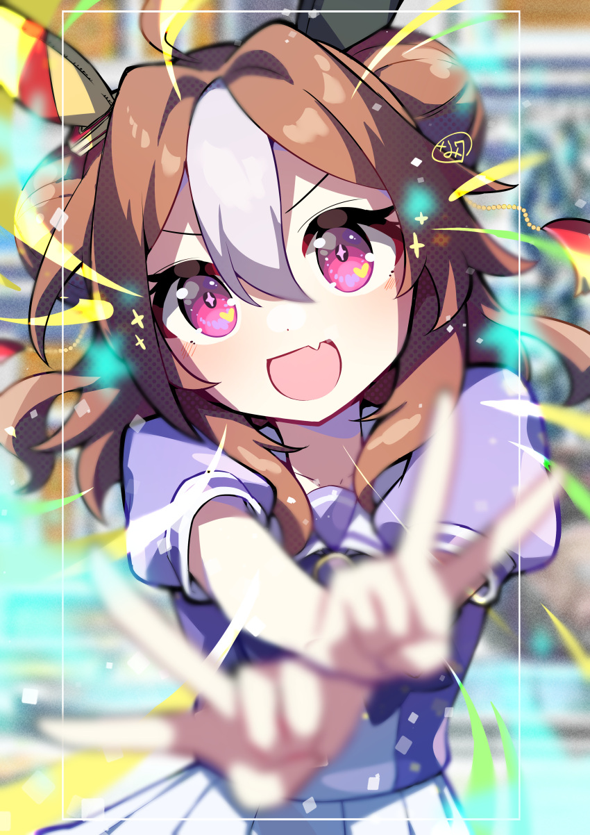 1girl absurdres ahoge animal_ears bangs blurry brown_hair copano_rickey_(umamusume) depth_of_field double_bun double_v fang hair_between_eyes heart heart_in_eye highres horse_ears long_hair looking_at_viewer nanananananana open_mouth outstretched_arms pink_eyes puffy_short_sleeves puffy_sleeves purple_shirt reaching_out school_uniform shirt short_sleeves skin_fang skirt smile solo symbol_in_eye tracen_school_uniform twig umamusume upper_body v v-shaped_eyebrows white_skirt