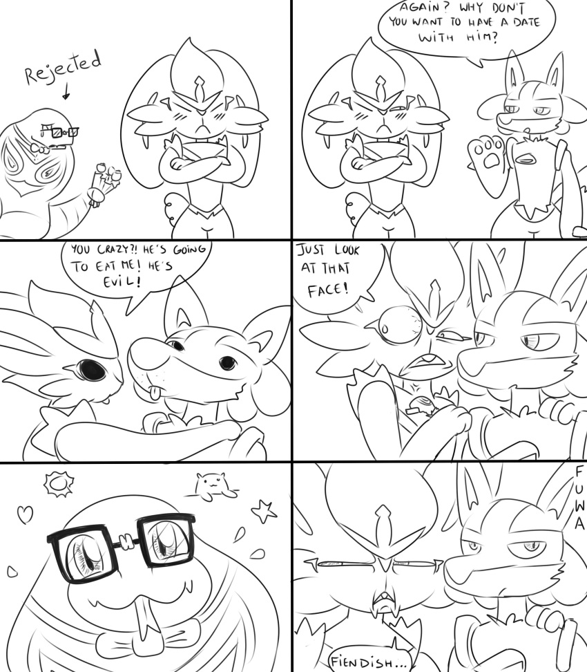 absurd_res angry anthro arbok canid canine cinderace comic crossed_arms cute_expression digital_media_(artwork) eyewear feral glasses group hi_res lagomorph leporid lucario male mammal monochrome mr_fuwa nintendo pok&eacute;mon pok&eacute;mon_(species) reptile scalie scared simple_background tongue tongue_out video_games