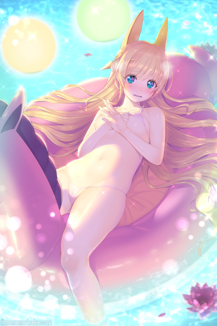 1girl ball bangs bare_legs bikini blonde_hair blue_eyes blush breasts cameltoe collarbone covered_nipples embarrassed eyebrows_visible_through_hair fantasy_bishoujo_juniku_ojisan_to flower genderswap genderswap_(mtf) hair_between_eyes hair_ornament highres innertube kashiwamochi_yomogi light_particles long_hair looking_at_viewer lying micro_bikini navel on_back parted_lips petals sharp_teeth small_breasts solo stomach swept_bangs swimsuit tachibana_hinata_(fabiniku) teeth twitter_username very_long_hair water watermark wet white_bikini