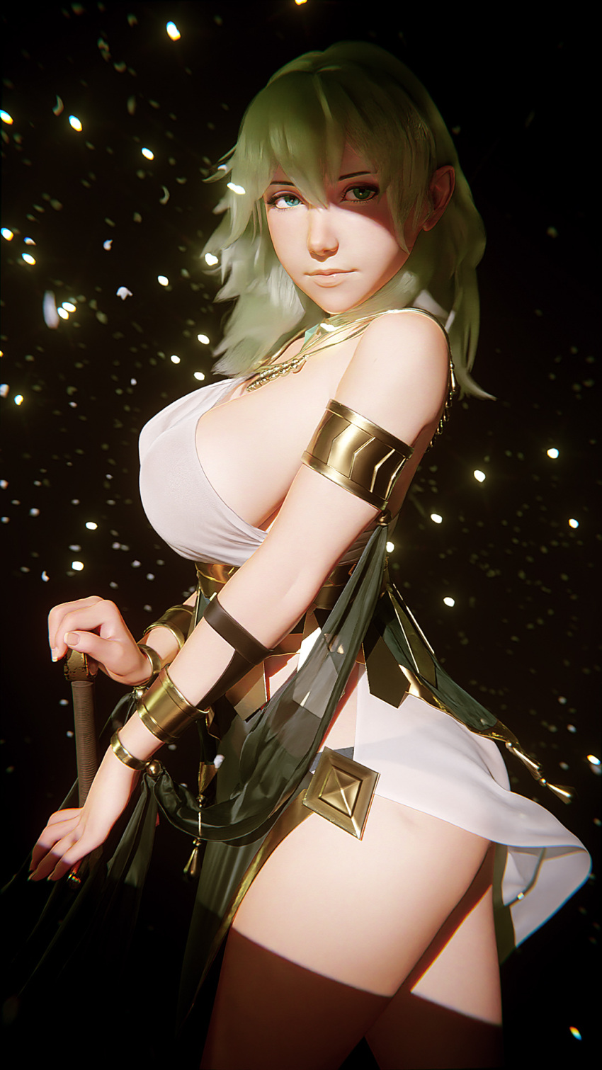 1girl 3d armlet blender_(medium) bracelet breasts byleth_(fire_emblem) byleth_(fire_emblem)_(female) chinese_commentary commentary dancer_(three_houses) dark_background enlightened_byleth_(female) fire_emblem fire_emblem:_three_houses green_hair highres j9006 jewelry large_breasts light_particles looking_at_viewer medium_hair necklace official_alternate_costume pommel shade shawl sideboob solo sword thighs weapon