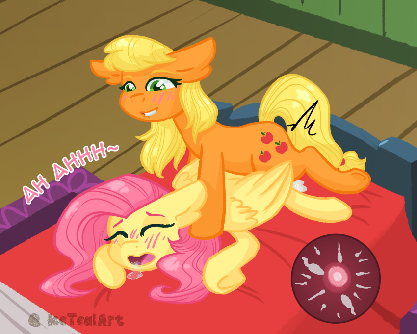 applejack_(mlp) bed bedroom_eyes blush blush_lines bodily_fluids cum cum_in_pussy cum_inside dhx_media drooling duo earth_pony english_text equid equine female fluttershy_(mlp) friendship_is_magic fur furniture genital_fluids hair hasbro herm hi_res horse icetealart impregnation inside intersex intersex/female mammal my_little_pony narrowed_eyes orange_body orange_fur pegasus penetration pink_hair pink_tail pinned pony saliva seductive teal_eyes text vaginal vaginal_penetration wings yellow_body yellow_fur yellow_tail