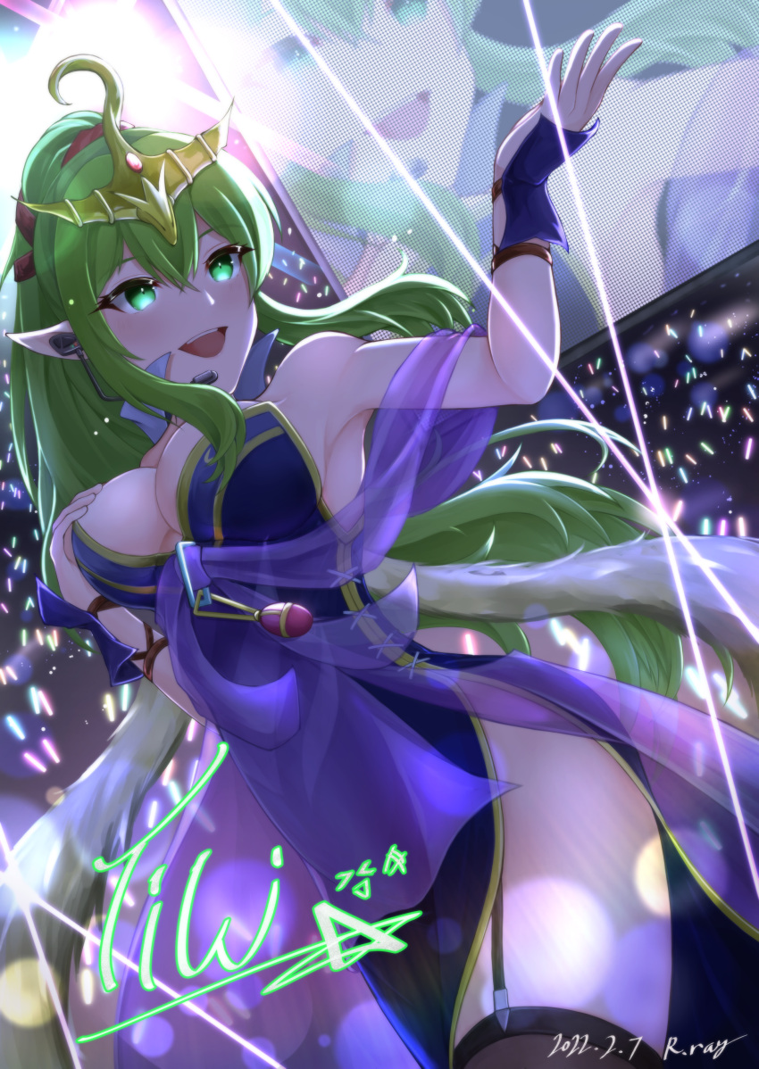 1girl :d absurdres alternate_costume bare_shoulders blue_dress breasts cleavage dated dress fire_emblem fire_emblem_awakening glowing glowing_eyes glowstick green_eyes green_hair hair_ornament hand_on_own_chest highres idol large_breasts long_hair microphone older pointy_ears ponytail ryuusaki_rei short_dress side_slit signature smile solo stage stage_lights strapless strapless_dress tiara tiki_(fire_emblem) very_long_hair