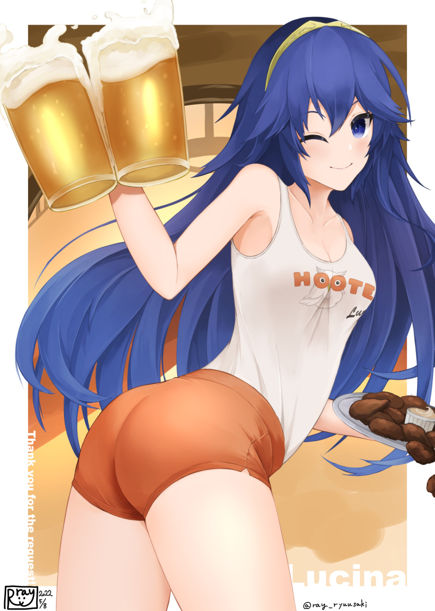 1girl alcohol alternate_costume ass beer beer_mug birthmark blue_eyes blue_hair breasts character_name cleavage collarbone commission cup fire_emblem fire_emblem_awakening highres hooters indoors looking_at_viewer looking_back lucina_(fire_emblem) medium_breasts mug one_eye_closed orange_shorts ryuusaki_rei shirt short_shorts shorts signature skeb_commission sleeveless sleeveless_shirt smile solo tank_top tiara tight twitter_username white_shirt