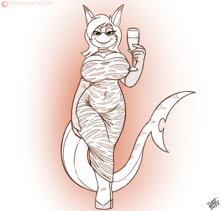 alcohol animal_print anthro beverage big_breasts breasts champagne champagne_glass choker clothed clothing digital_media_(artwork) dress drxii female fin fish footwear gloves green_eyes hair handwear hi_res high_heels huge_breasts jewelry looking_at_viewer marine necklace non-mammal_breasts requiem_shark shark simple_background smile solo stripes teeth tiger_print tiger_shark