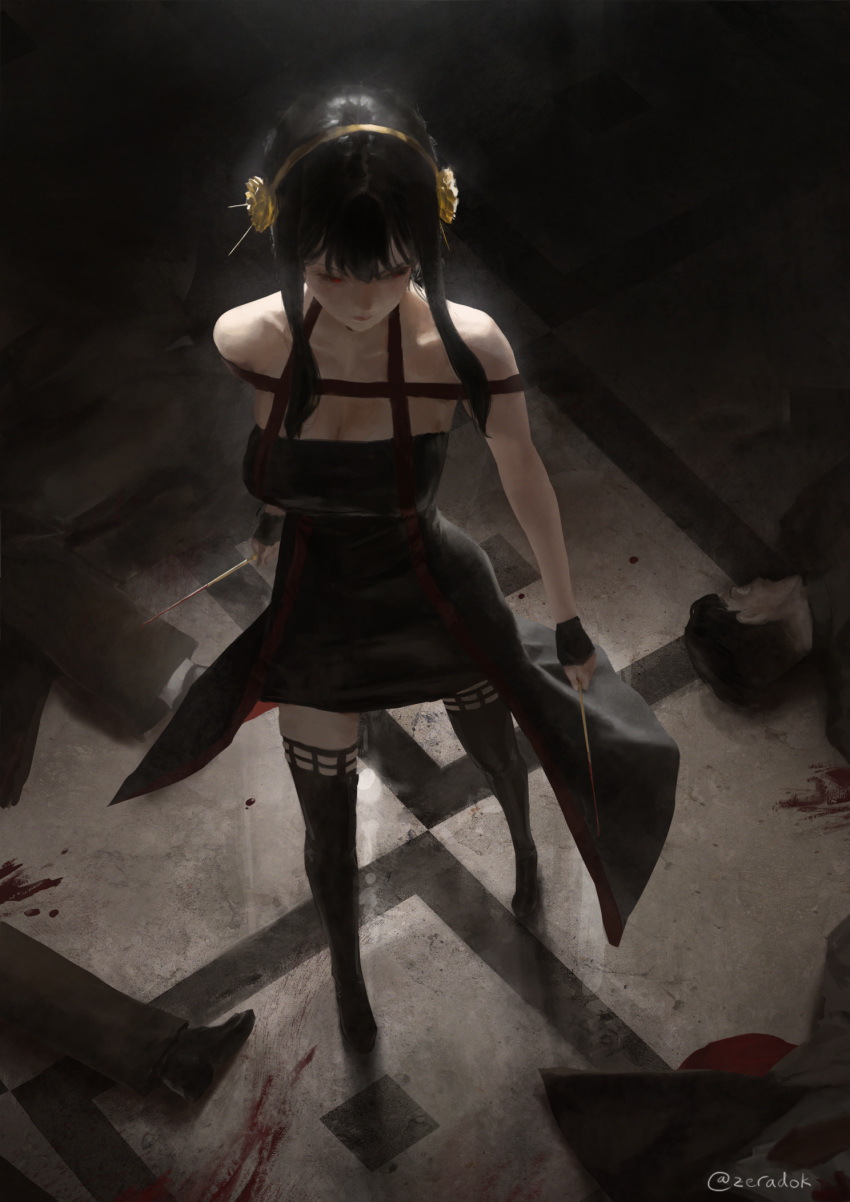 1girl black_dress black_footwear blood blood_on_weapon boots breasts cleavage corpse dagger dress dual_wielding earrings from_above full_body gold_earrings gold_hairband highres holding holding_dagger holding_weapon jewelry knife large_breasts long_dress multiple_boys murder pale_skin red_eyes serious short_hair_with_long_locks showgirl_skirt solo_focus spy_x_family thigh_boots thighhighs twitter_username two-sided_dress two-sided_fabric weapon yor_briar zeradok