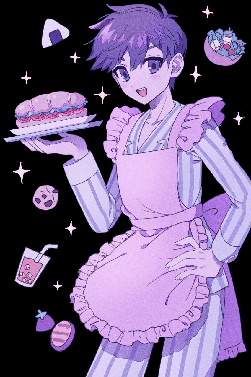 1boy :d absurdres apron back_bow bangs blue_eyes blue_hair blush_stickers bow collarbone cookie drink eggplant eyebrows food frills hand_on_hip hero_(omori) highres holding holding_tray long_sleeves looking_at_viewer male_focus mntimccz omori onigiri open_mouth pajamas salad sandwich short_hair smile solo sparkle striped striped_pajamas submarine_sandwich tray v-shaped_eyebrows