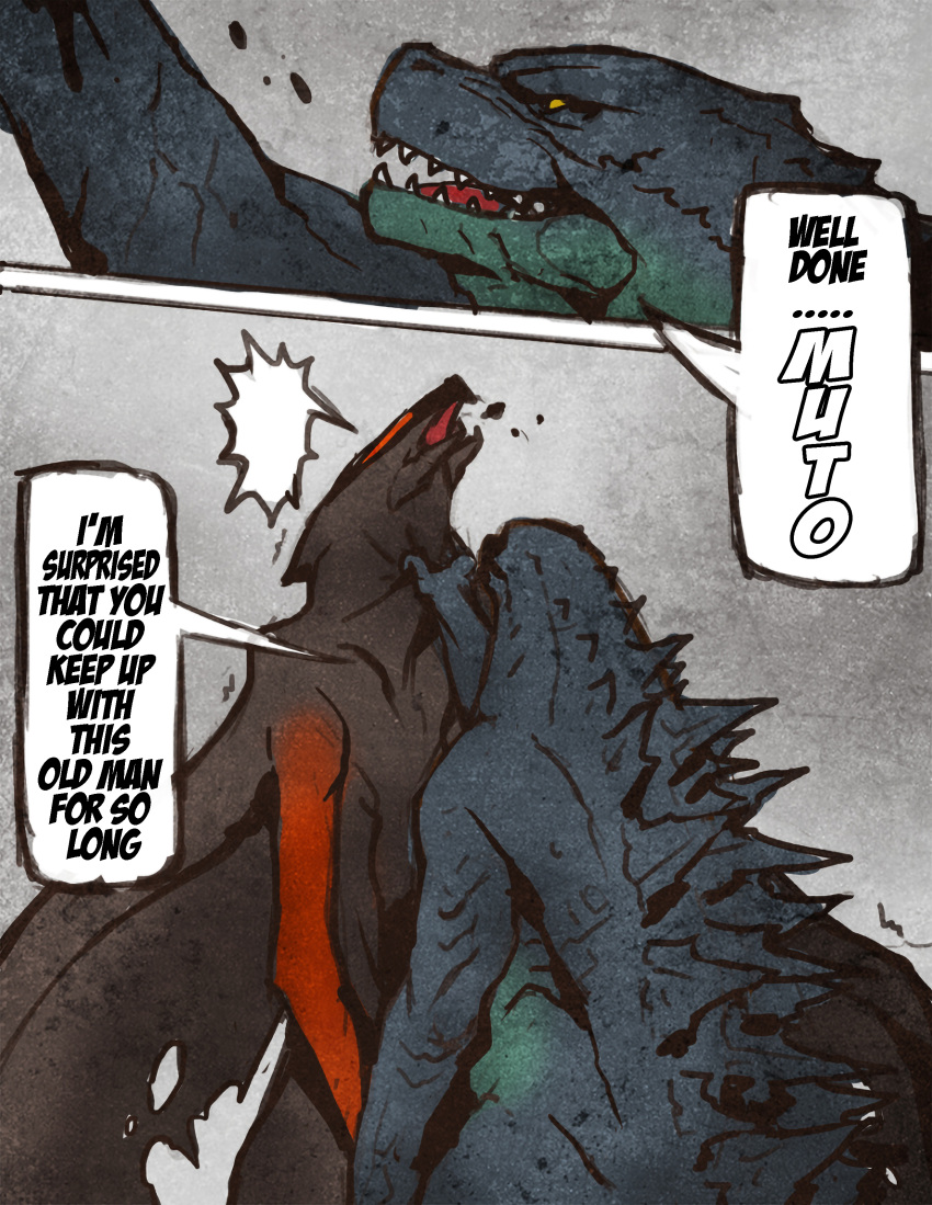 2014 absurd_res anthro asphyxiation choking comic dialogue duo english_text godzilla godzilla_(series) hi_res jacketbear kaiju lizard macro male muto_(godzilla) open_mouth reptile scalie smoke spikes teeth text toho translated