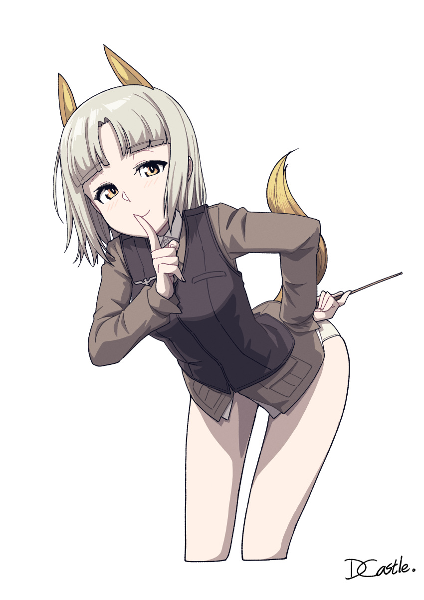 1girl absurdres animal_ears blush brave_witches breasts dragoncastle edytha_rossmann eyebrows_visible_through_hair finger_to_mouth fox_ears fox_tail highres military military_uniform panties shiny shiny_hair signature simple_background small_breasts smile solo tail underwear uniform white_background white_hair white_panties world_witches_series yellow_eyes