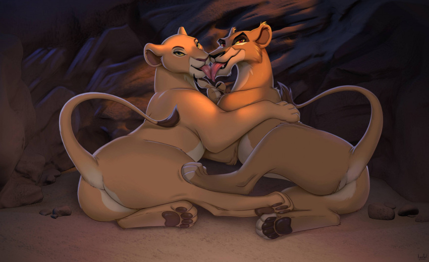 2022 blue_eyes disney duo felid female female/female feral french_kissing fur kissing lion looking_at_viewer mammal multicolored_body multicolored_fur nala pantherine pawpads reallynxgirl red_eyes tan_body tan_fur the_lion_king tongue two_tone_body two_tone_fur yellow_sclera zira