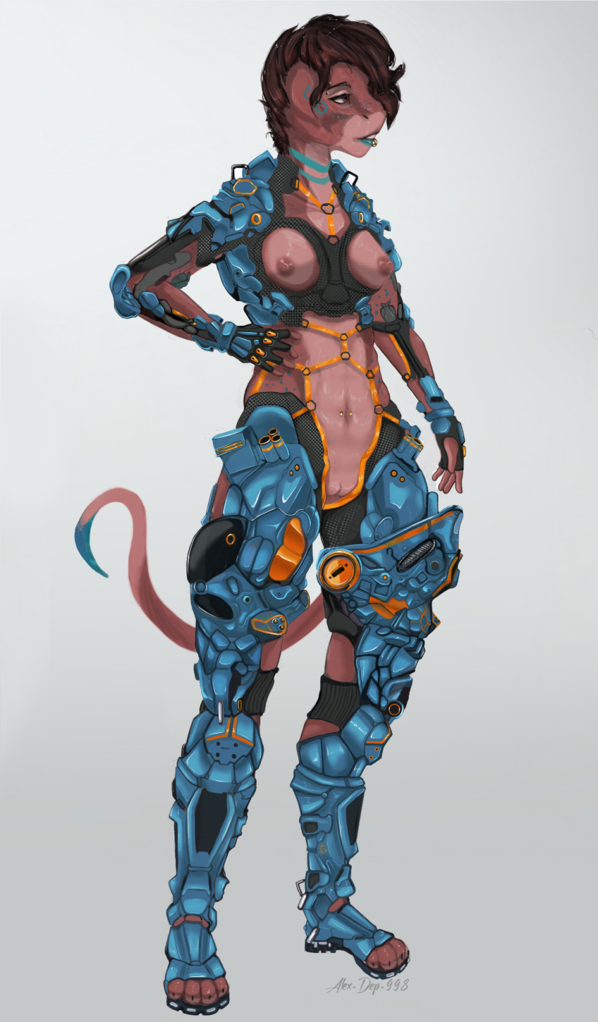 alex-dep-998 anthro armor bdsm bondage bound breasts case clothing costume cybernetics exoskeleton female hi_res hybrid implants_(disambiguation) jumpsuit lizard machine nude prosthetic reptile scalie straps