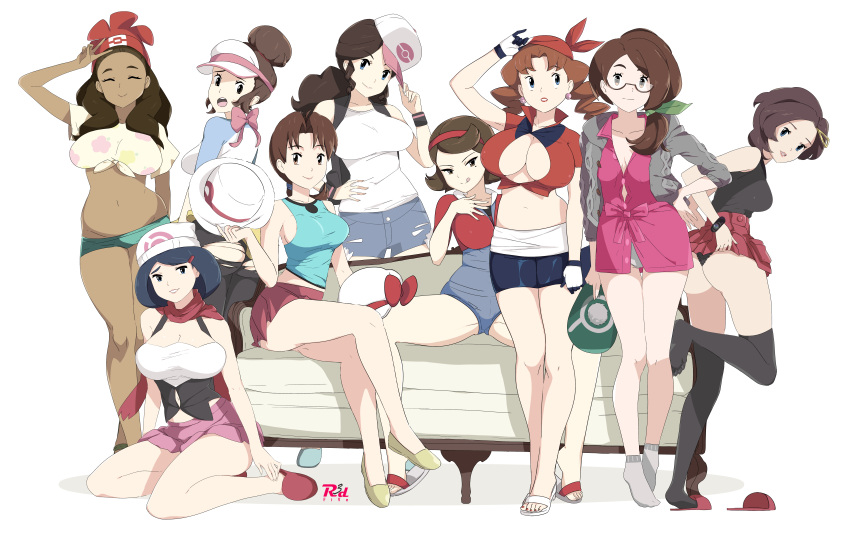 6+girls :q absurdres alola_mother alternate_costume ass baseball_cap beanie black_hair black_legwear black_panties breasts brown_hair caroline_(pokemon) cleavage closed_eyes closed_mouth clothes_lift cosplay couch crossed_legs dawn_(pokemon) dawn_(pokemon)_(cosplay) delia_ketchum drill_hair earrings english_commentary galar_mother glasses gloria_(pokemon) gloria_(pokemon)_(cosplay) grace_(pokemon) grey_sweater hand_on_hip hand_on_own_chest hat highres hilda_(pokemon) hilda_(pokemon)_(cosplay) holding holding_clothes holding_hat holding_headgear jewelry johanna_(pokemon) johto_mother large_breasts leaf_(pokemon) leaf_(pokemon)_(cosplay) leg_up lipstick long_hair looking_at_viewer lyra_(pokemon) lyra_(pokemon)_(cosplay) makeup mature_female may_(pokemon) may_(pokemon)_(cosplay) midriff multiple_girls nail_polish navel open_mouth panties parted_lips pokemon pokemon_(anime) pokemon_(classic_anime) pokemon_(game) pokemon_bw pokemon_bw2 pokemon_dppt pokemon_frlg pokemon_hgss pokemon_rse pokemon_rse_(anime) pokemon_sm pokemon_swsh pokemon_xy r3dfive red_nails rosa_(pokemon) rosa_(pokemon)_(cosplay) selene_(pokemon) selene_(pokemon)_(cosplay) semi-rimless_eyewear serena_(pokemon) serena_(pokemon)_(cosplay) single_slipper sitting skirt skirt_lift slippers smile spread_legs standing standing_on_one_leg sweater thighhighs toenail_polish toenails toes tongue tongue_out trait_connection under-rim_eyewear undersized_clothes underwear unova_mother_(bw) unova_mother_(bw2) v visor_cap yokozuwari