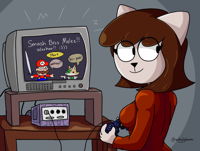 2000s 2021 a_kitty_bobo_show anthro astralgloom brown_hair controller domestic_cat felid feline felis female fox_mccloud game_controller gamecube gamecube_controller hair holding_controller holding_object maggie_(kitty_bobo) mammal mario mario_bros melee_weapon nintendo nintendo_controller solo star_fox super_smash_bros. sword television video_games weapon