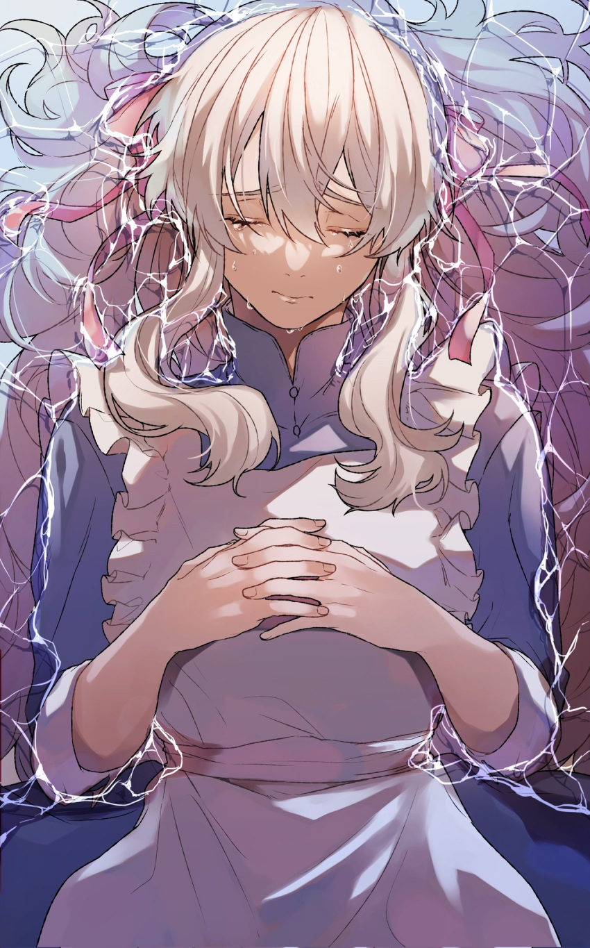 1girl apron closed_eyes crying dress highres hii_(aisiteru6918moon) kagerou_project kozakura_marry lying_on_water ribbon shallow_water sleeves_rolled_up solo tears water white_hair