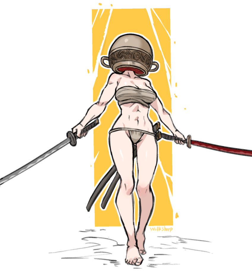 1girl abs artist_name bare_shoulders barefoot breasts chinese_commentary cleavage commentary_request covered_face dual_wielding elden_ring full_body fundoshi genderswap genderswap_(mtf) highres holding japanese_clothes katana large_breasts let_me_solo_her navel outline pot_on_head sarashi scabbard sheath solo sword tarnished_(elden_ring) toned weapon white_outline wox