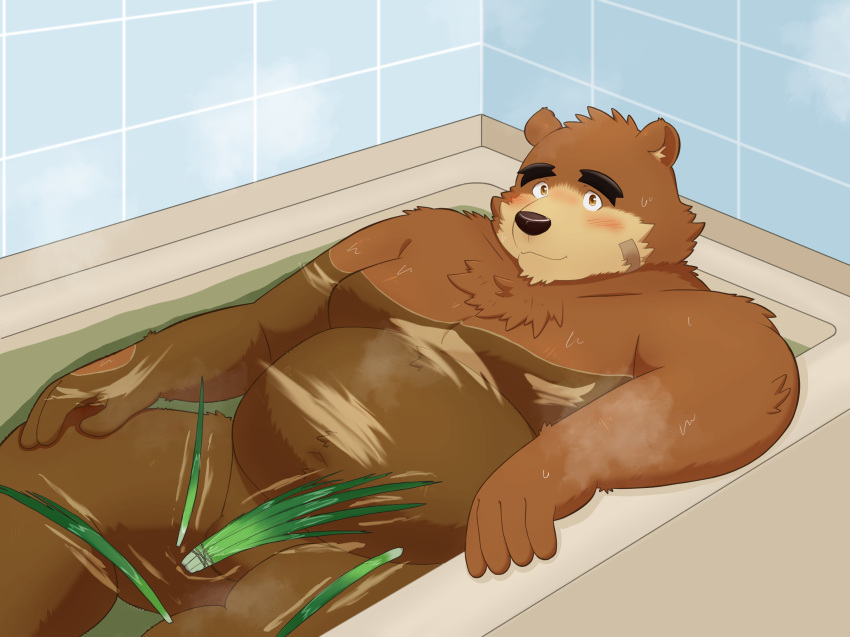 2022 anthro balls band-aid bandage bathing bathtub belly big_belly blush brown_body brown_fur censored convenient_censorship fur genitals hi_res humanoid_hands kemono lifewonders male mammal moobs navel overweight overweight_male solo tokyo_afterschool_summoners ursid video_games volos water yaki_atsuage